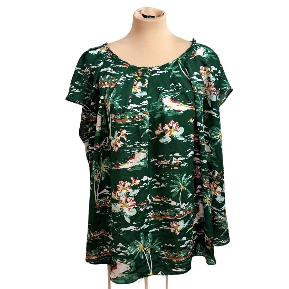 LC Lauren Conrad Womens Plus Size 3X Green Top Tropical Floral Vacation Coastal